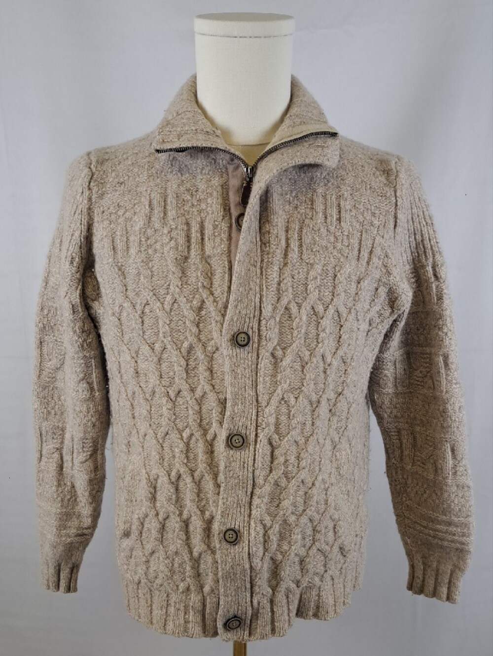 Lambswool Cable Knit Fisherman Cardigan Sweater Beige Indie Coastal Grandpa L